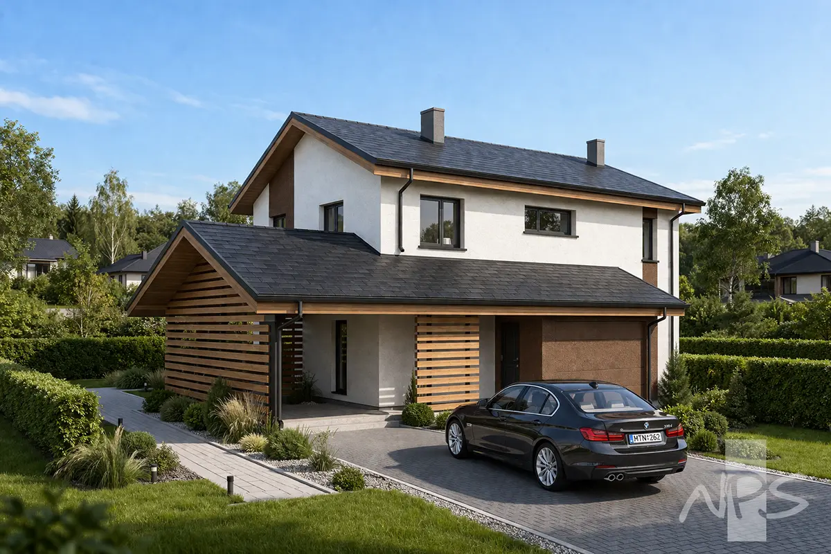Proiect de casa cu etaj 176 m²: 3 Dormitoare, 2 Bai, Bucatarie deschisa, fara Garaj