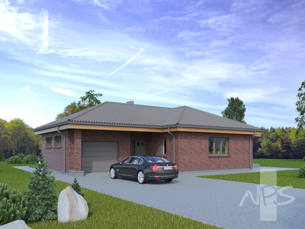 Proiect de casa parter 145 m²: 3 Dormitoare, 1 Bai, Bucatarie deschisa, Garaj