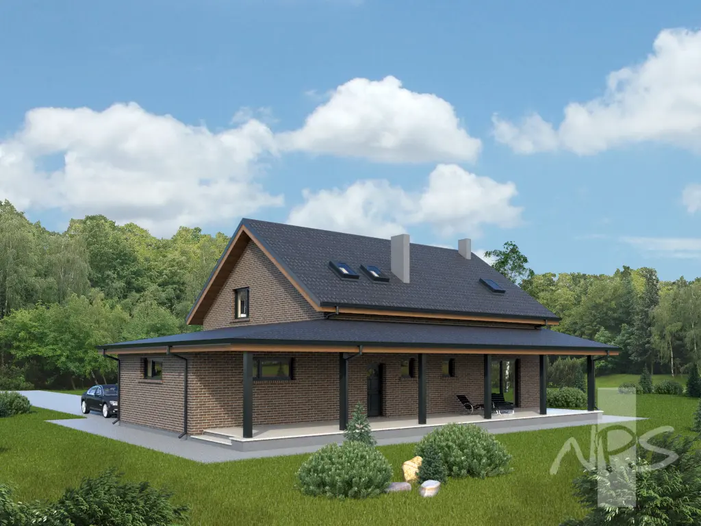 Proiect de casa parter cu mansardă 218 m²: 3 Dormitoare, Birou, 3 Bai, Garaj