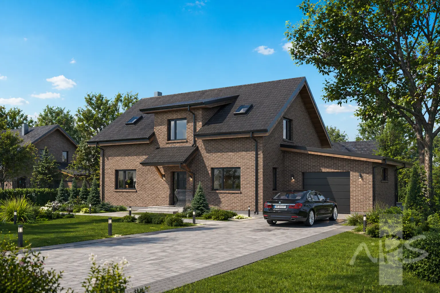 Proiect de casa parter cu mansardă 218 m²: 3 Dormitoare, Birou, 3 Bai, Garaj
