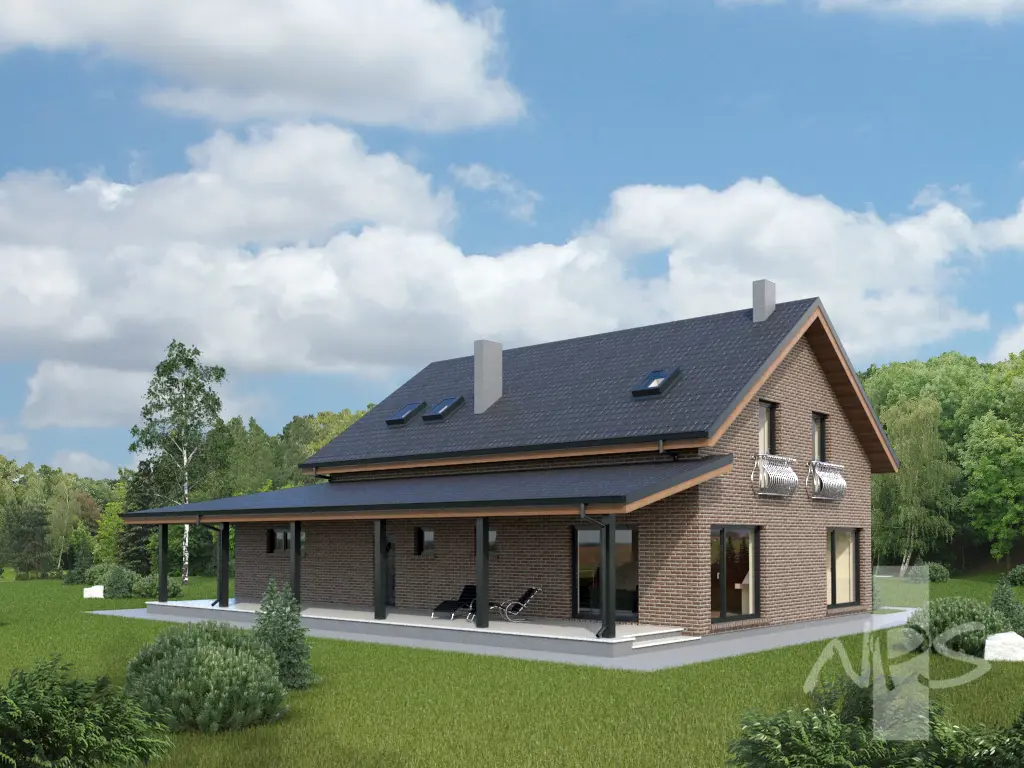 Proiect de casa parter cu mansardă 218 m²: 3 Dormitoare, Birou, 3 Bai, Garaj