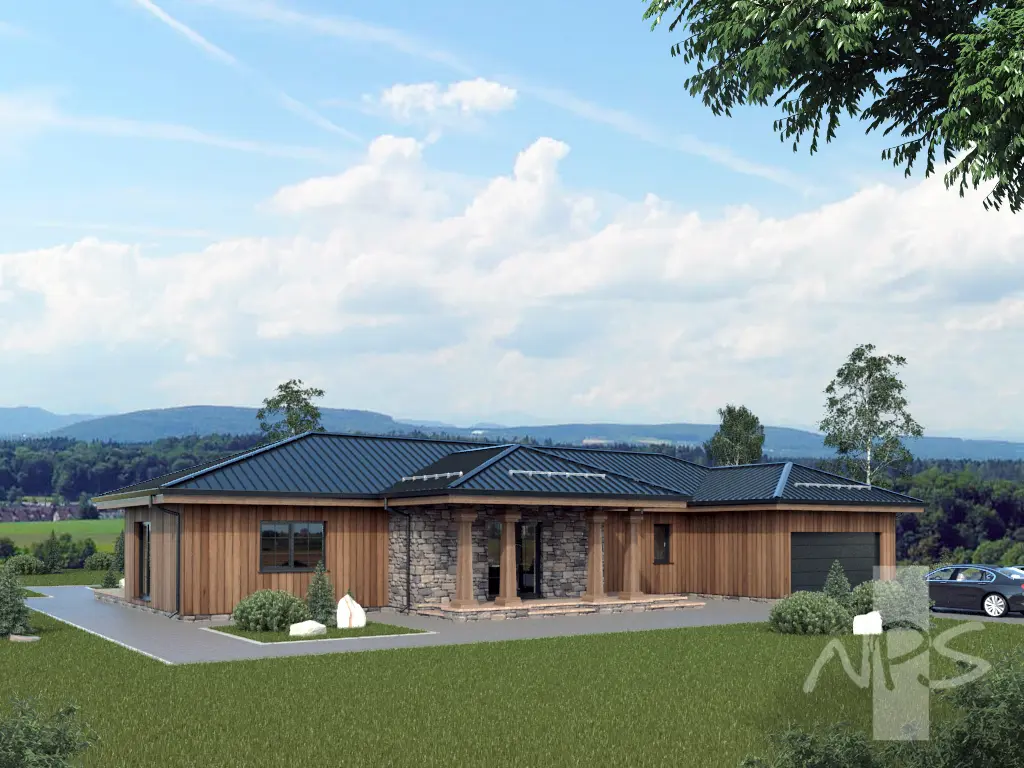 Proiect de casa parter 219 m²: 3 Dormitoare, Birou, 2 Bai, Bucatarie deschisa, Garaj