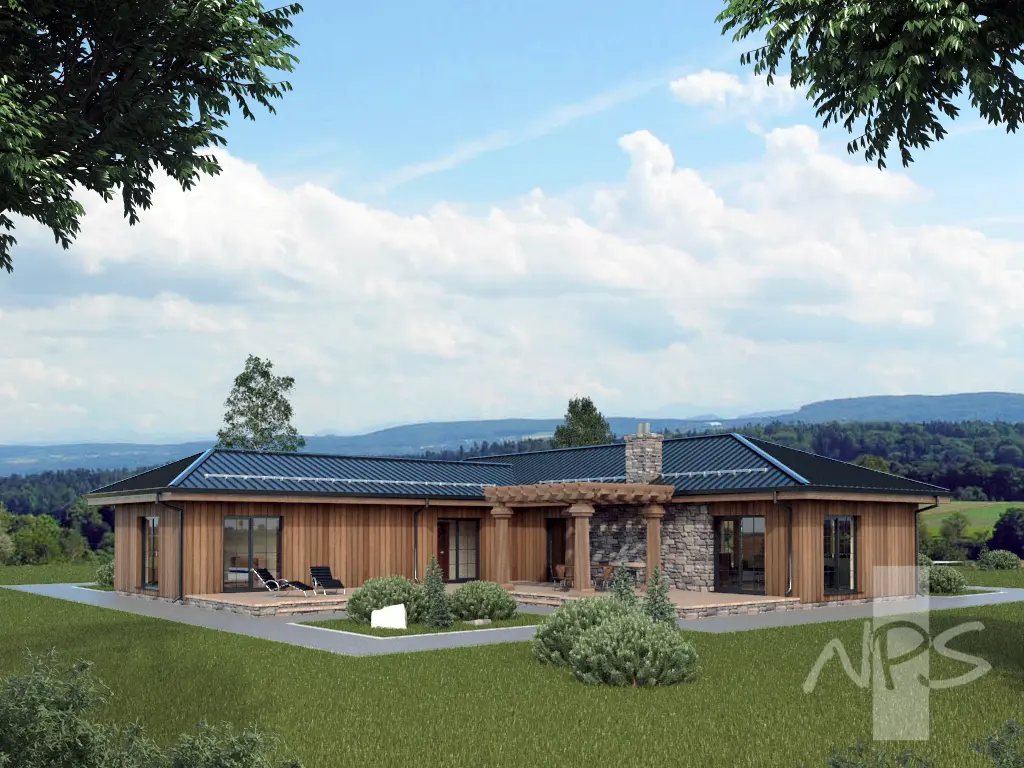Proiect de casa parter 219 m²: 3 Dormitoare, Birou, 2 Bai, Bucatarie deschisa, Garaj