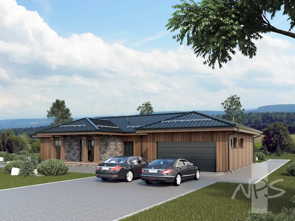 Proiect de casa parter 219 m²: 3 Dormitoare, Birou, 2 Bai, Bucatarie deschisa, Garaj
