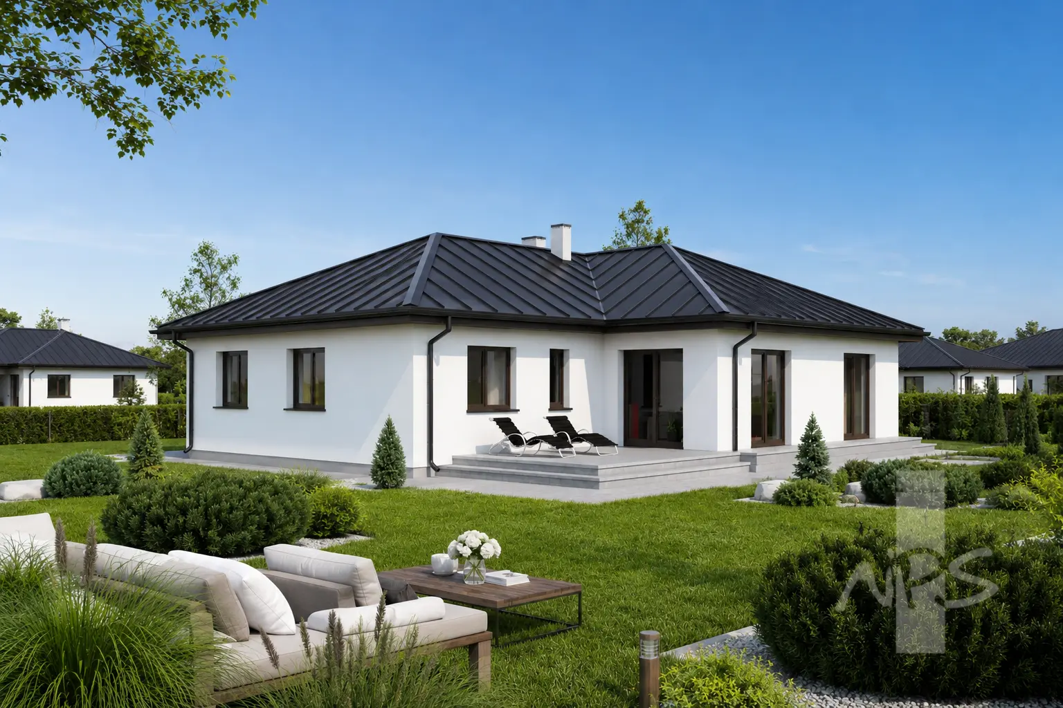 Proiect de casa parter 146 m²: 3 Dormitoare, 1 Bai, Bucatarie deschisa, Garaj