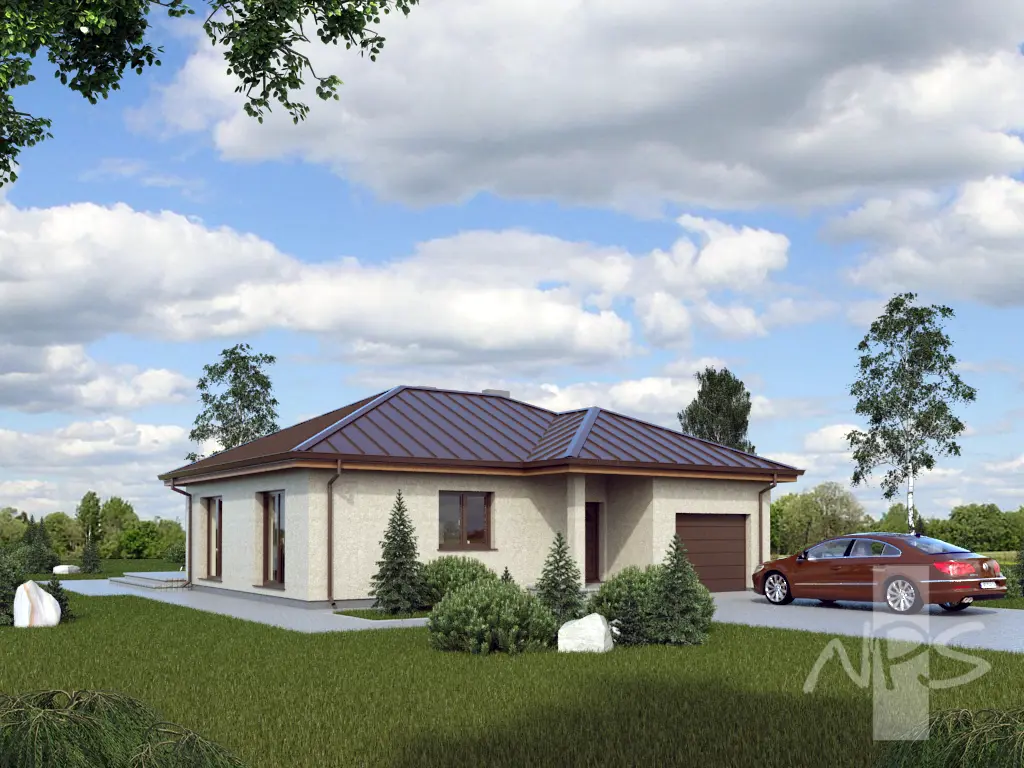 Proiect de casa parter 146 m²: 3 Dormitoare, 1 Bai, Bucatarie deschisa, Garaj