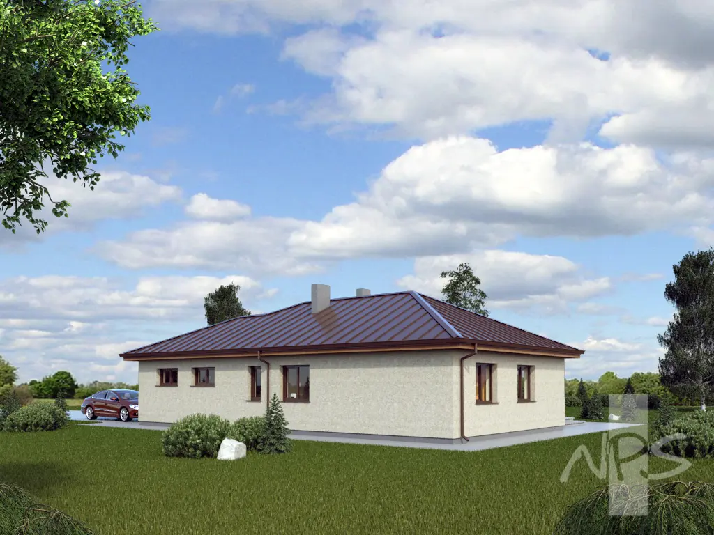 Proiect de casa parter 146 m²: 3 Dormitoare, 1 Bai, Bucatarie deschisa, Garaj