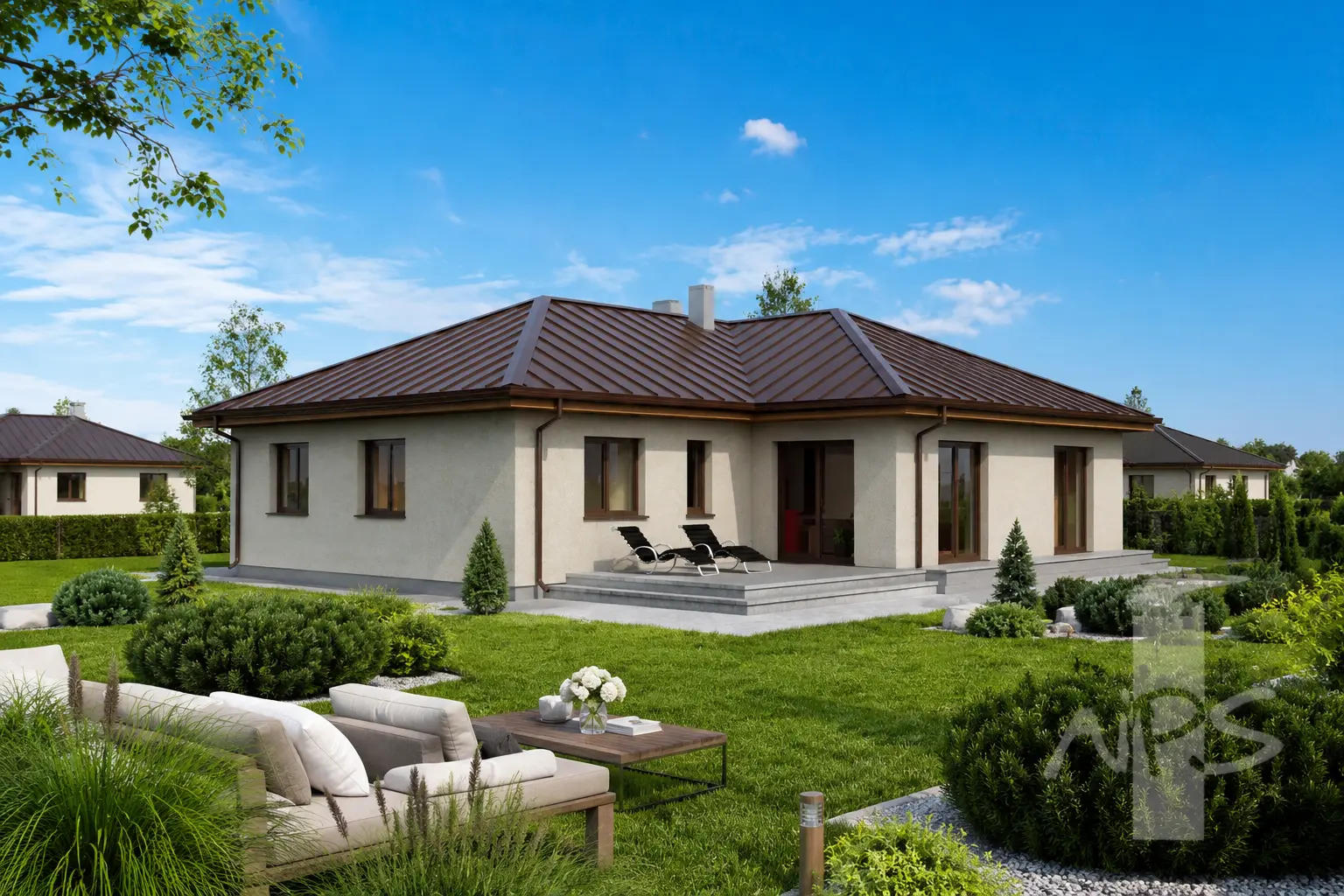 Proiect de casa parter 146 m²: 3 Dormitoare, 1 Bai, Bucatarie deschisa, Garaj