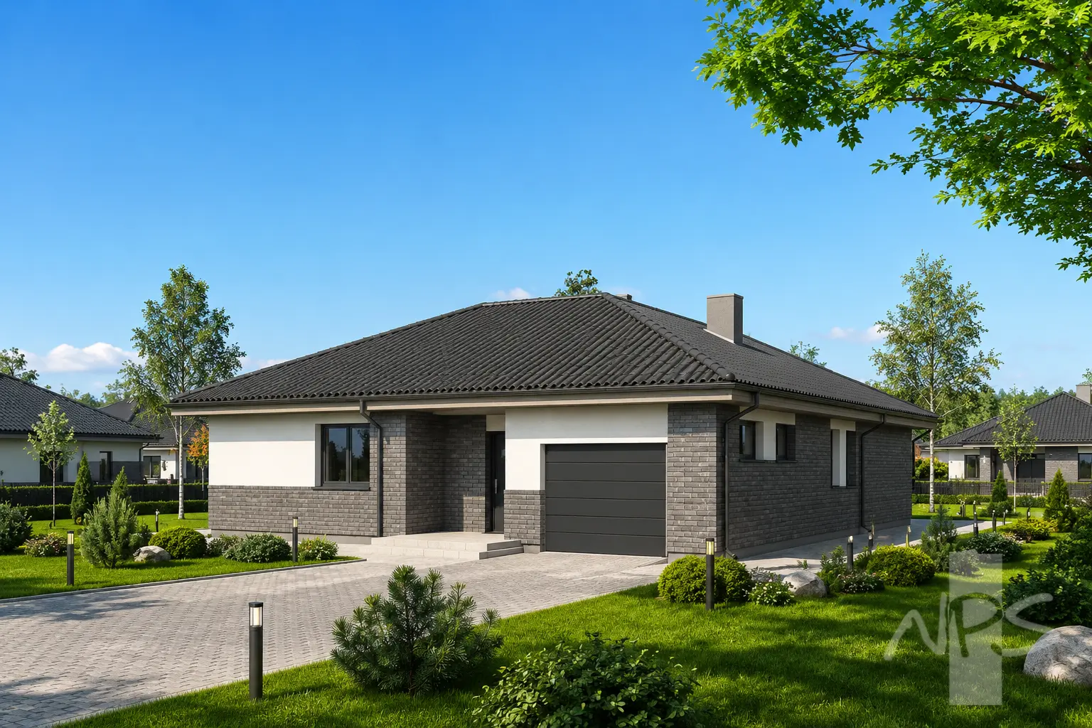 Proiect de casa parter 150 m²: 2 Dormitoare, Birou, 1 Bai, Bucatarie deschisa, Garaj