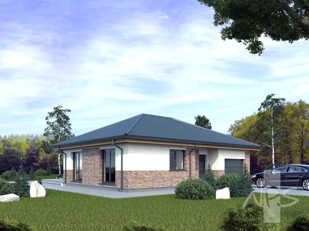 Proiect de casa parter 150 m²: 2 Dormitoare, Birou, 1 Bai, Bucatarie deschisa, Garaj
