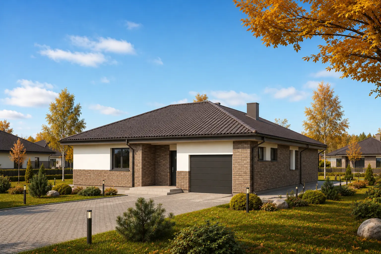 Proiect de casa parter 150 m²: 2 Dormitoare, Birou, 1 Bai, Bucatarie deschisa, Garaj