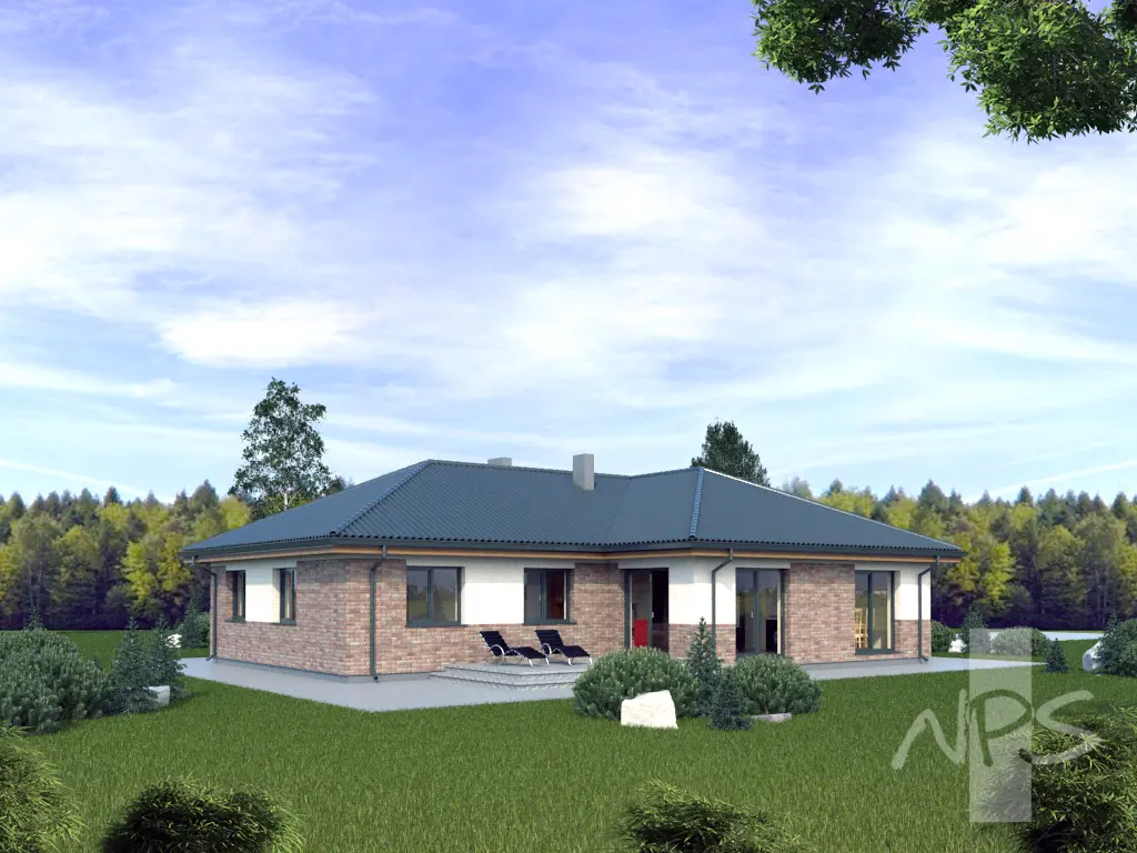 Proiect de casa parter 150 m²: 2 Dormitoare, Birou, 1 Bai, Bucatarie deschisa, Garaj