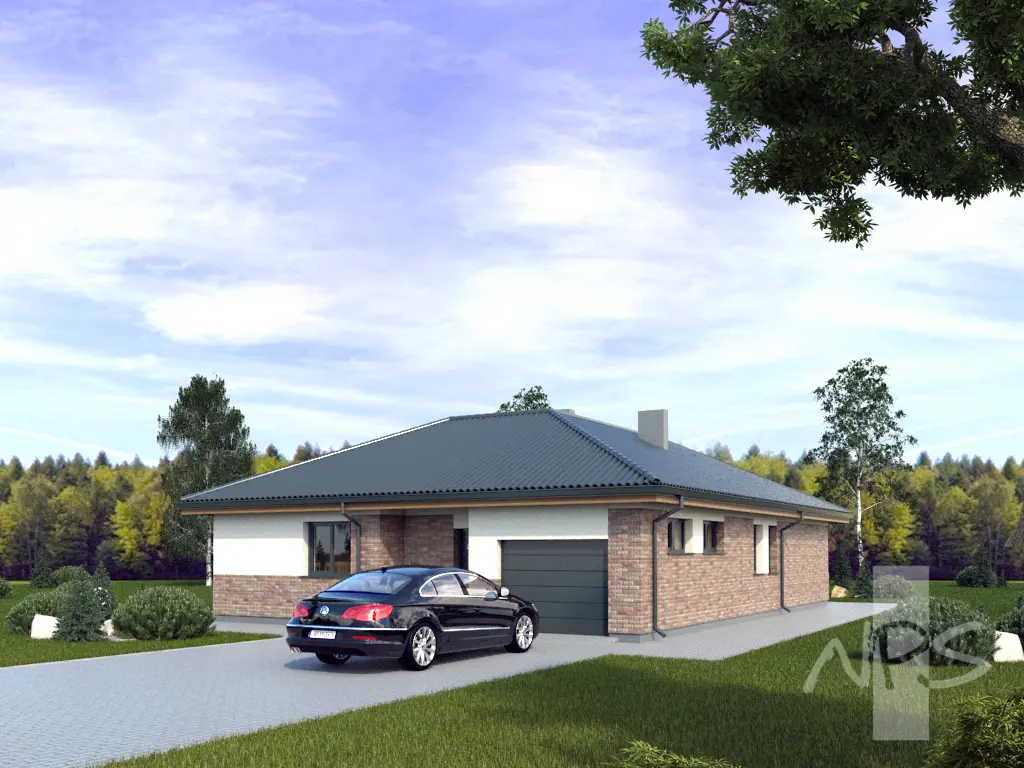Proiect de casa parter 150 m²: 2 Dormitoare, Birou, 1 Bai, Bucatarie deschisa, Garaj
