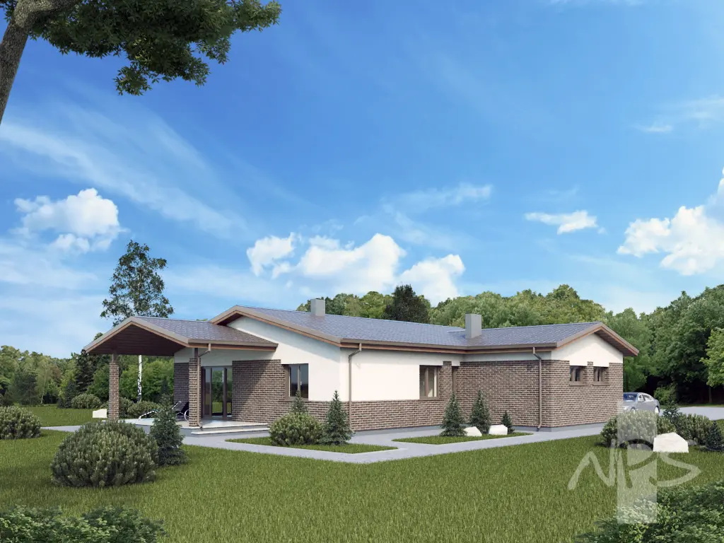 Proiect de casa 158 m²: Parter, 3 Dormitoare, Birou, 1 Bai, Garaj