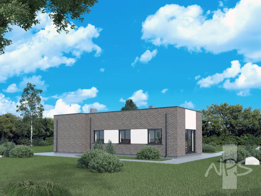 Proiect de casa 107 m²: Parter, 2 Dormitoare, 1 Bai, Bucatarie deschisa, Garaj
