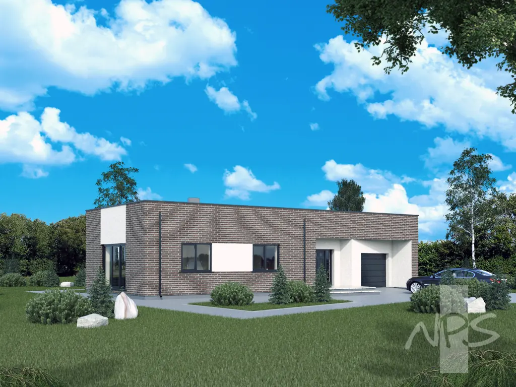 Proiect de casa 107 m²: Parter, 2 Dormitoare, 1 Bai, Bucatarie deschisa, Garaj