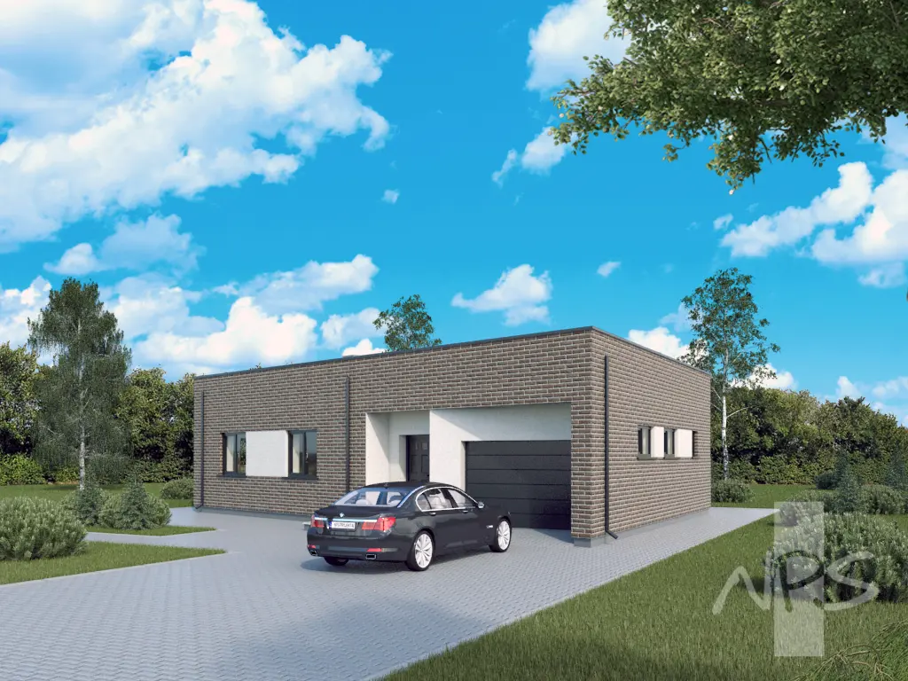 Proiect de casa 107 m²: Parter, 2 Dormitoare, 1 Bai, Bucatarie deschisa, Garaj