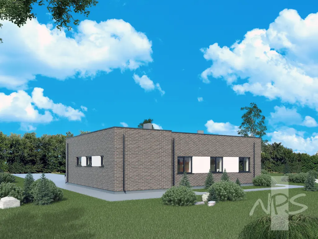Proiect de casa 107 m²: Parter, 2 Dormitoare, 1 Bai, Bucatarie deschisa, Garaj
