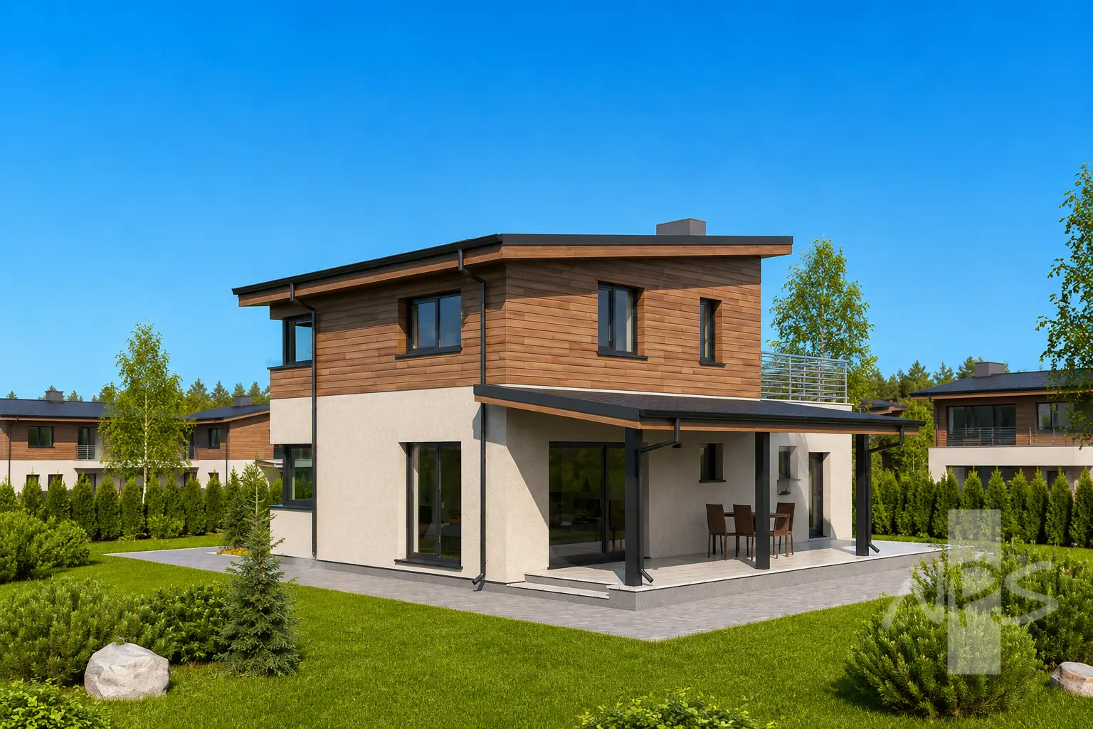 Proiect de casa cu etaj 120 m²: 2 Dormitoare, 2 Bai, Garaj