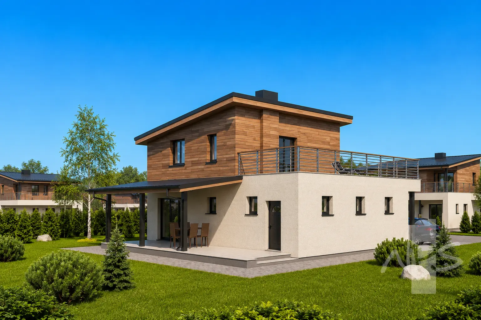 Proiect de casa cu etaj 120 m²: 2 Dormitoare, 2 Bai, Garaj