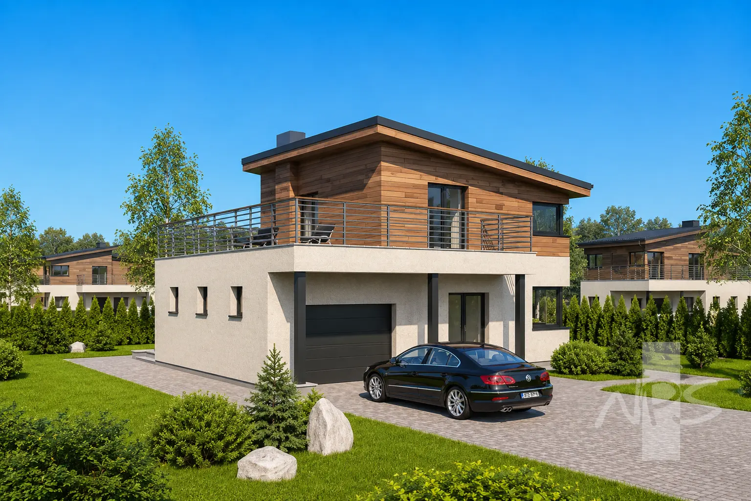 Proiect de casa cu etaj 120 m²: 2 Dormitoare, 2 Bai, Garaj