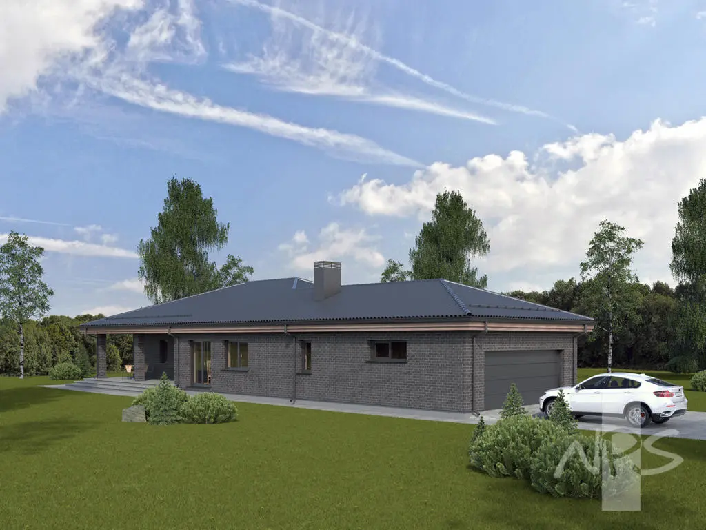 Proiect de casa parter 199 m²: 3 Dormitoare, Birou, 1 Bai, Garaj