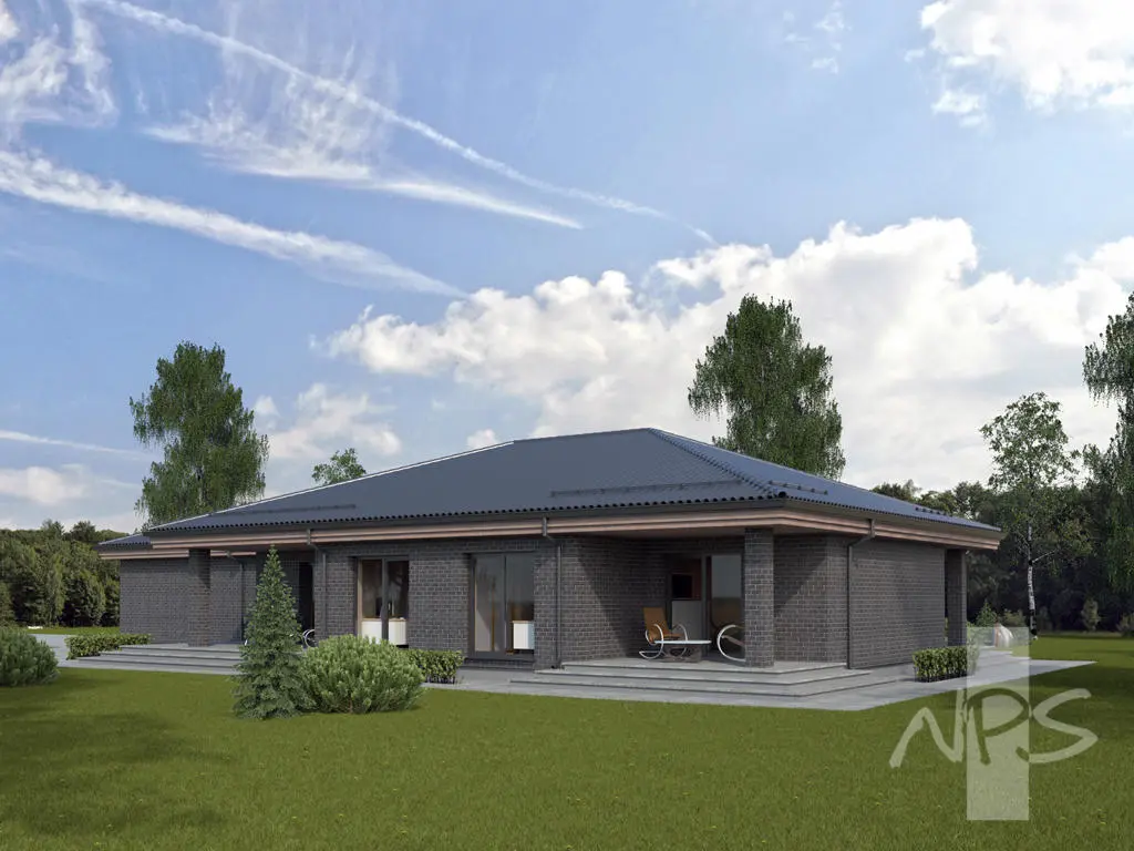 Proiect de casa parter 199 m²: 3 Dormitoare, Birou, 1 Bai, Garaj