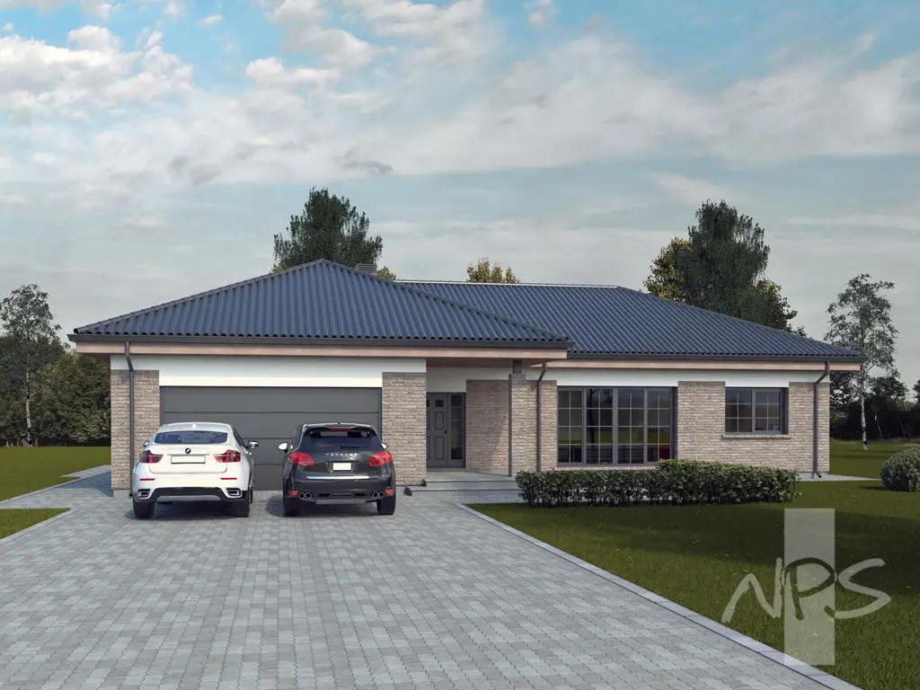 Proiect de casa parter 173 m²: 4 Dormitoare, 1 Bai, Bucatarie deschisa, Garaj
