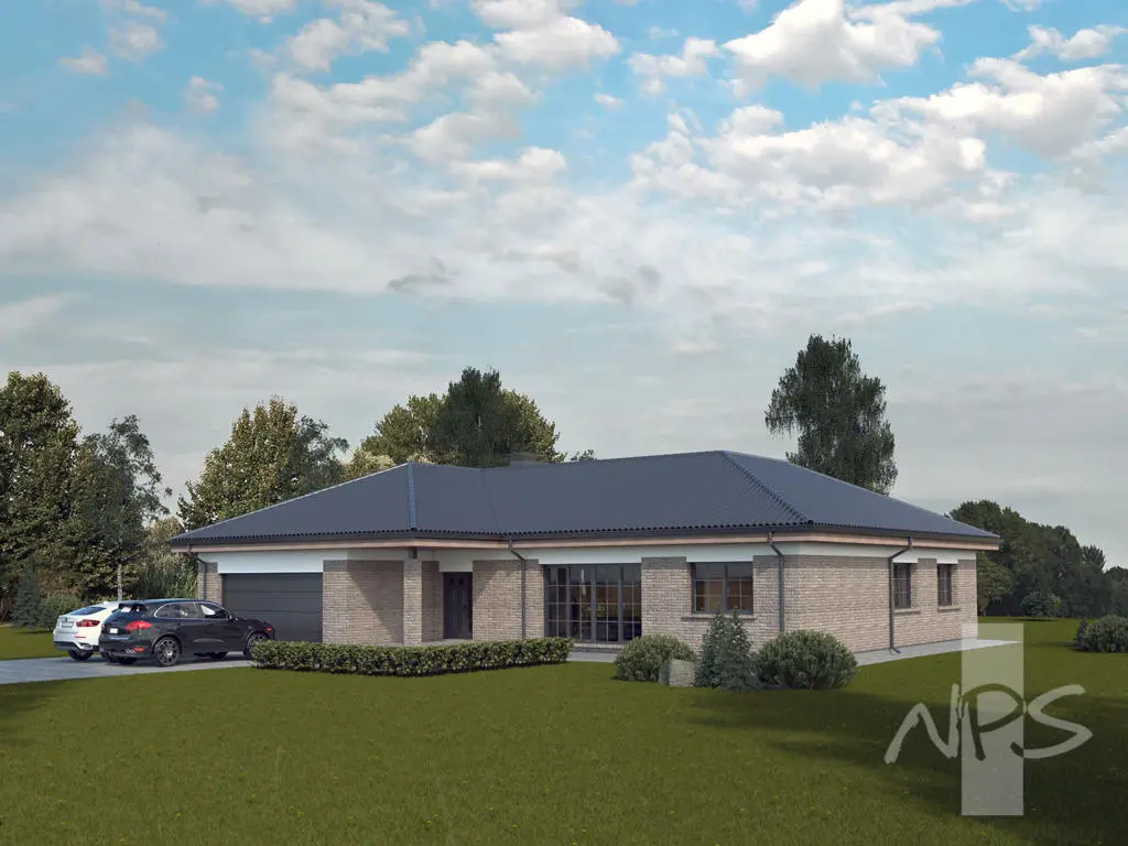 Proiect de casa parter 173 m²: 4 Dormitoare, 1 Bai, Bucatarie deschisa, Garaj