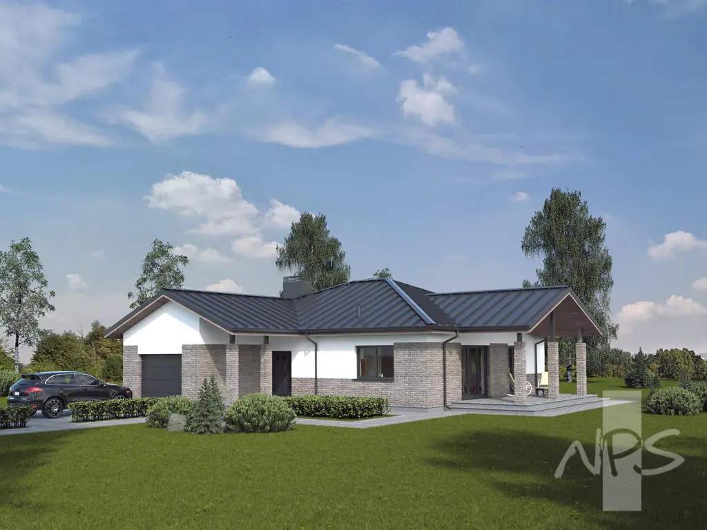 Proiect de casa parter 147 m²: 3 Dormitoare, 2 Bai, Bucatarie deschisa, Garaj