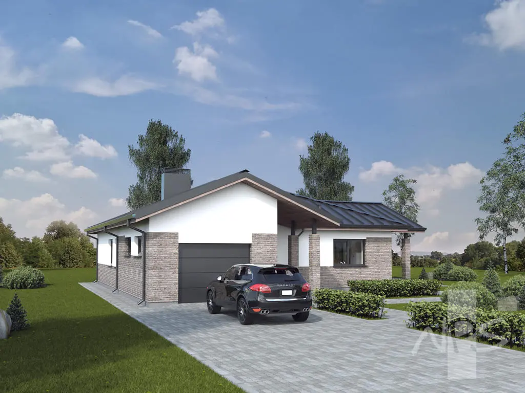 Proiect de casa parter 147 m²: 3 Dormitoare, 2 Bai, Bucatarie deschisa, Garaj