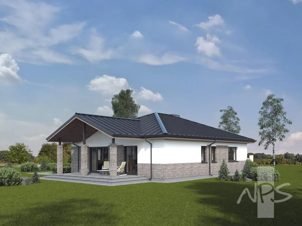 Proiect de casa parter 147 m²: 3 Dormitoare, 2 Bai, Bucatarie deschisa, Garaj