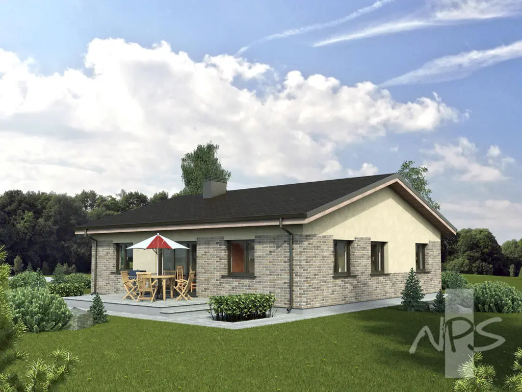 Proiect de casa parter 140 m²: 3 Dormitoare, 1 Bai, Bucatarie deschisa, Garaj
