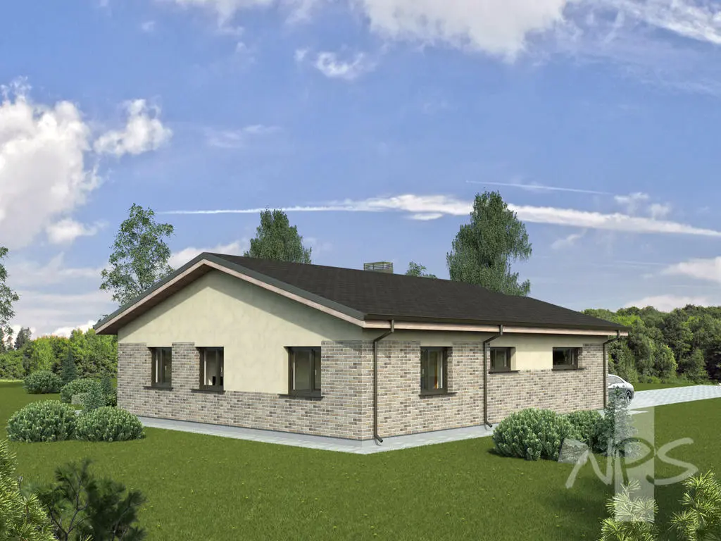 Proiect de casa parter 140 m²: 3 Dormitoare, 1 Bai, Bucatarie deschisa, Garaj
