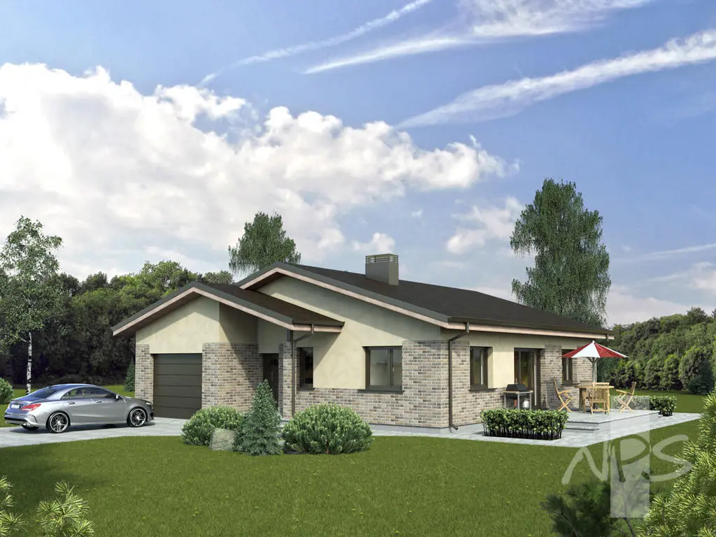 Proiect de casa parter 140 m²: 3 Dormitoare, 1 Bai, Bucatarie deschisa, Garaj