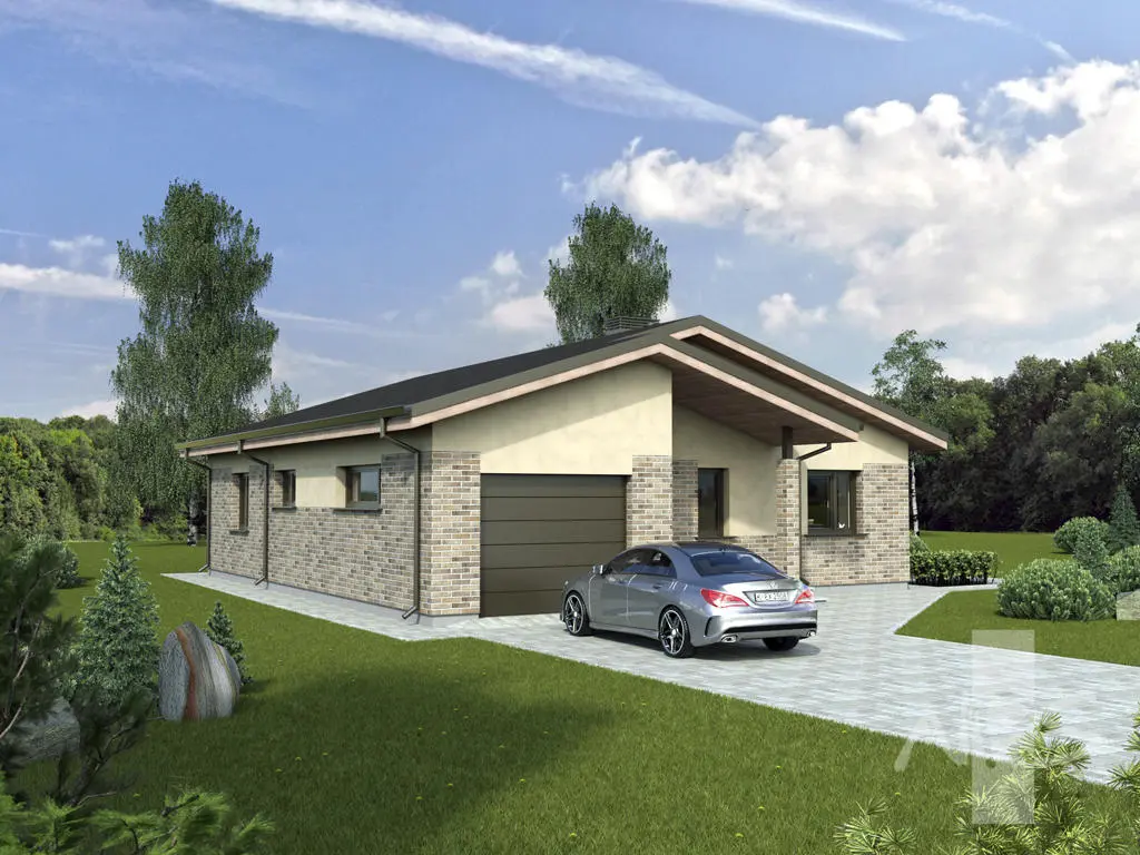 Proiect de casa parter 140 m²: 3 Dormitoare, 1 Bai, Bucatarie deschisa, Garaj
