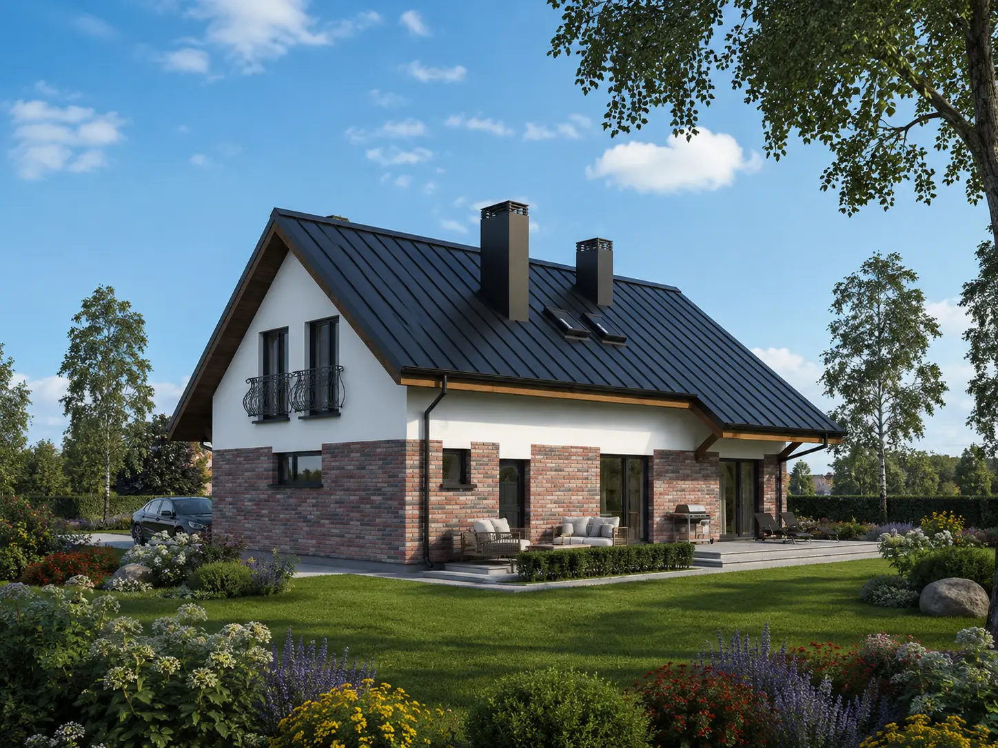 Proiect de casa parter cu mansardă 180 m²: 3 Dormitoare, Birou, 2 Bai, Bucatarie deschisa, Garaj