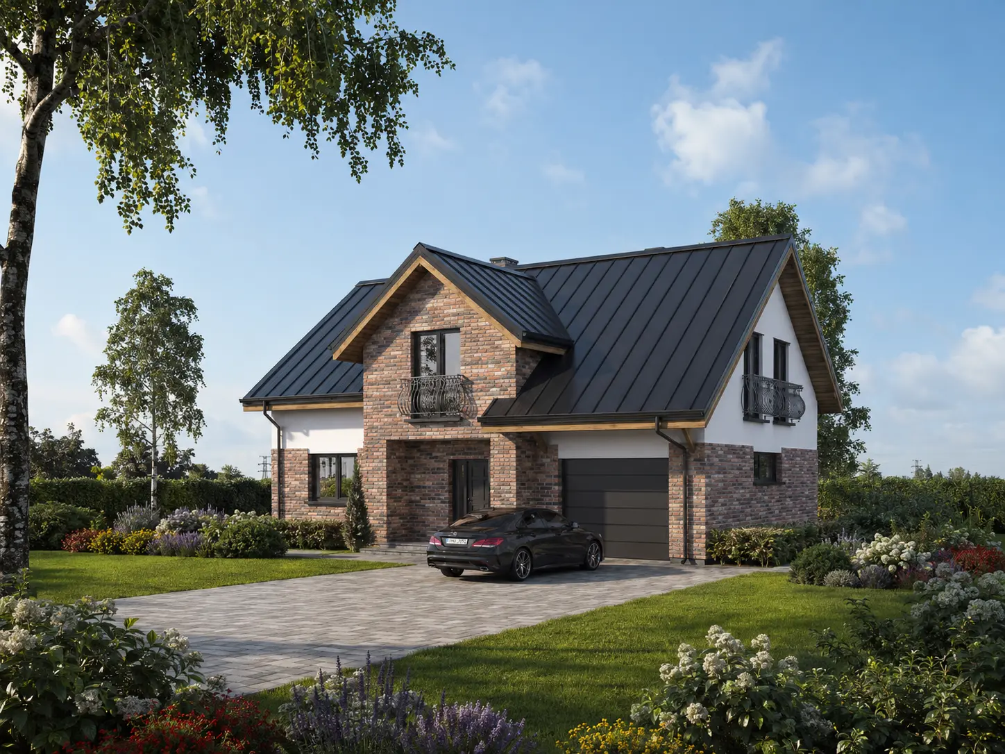 Proiect de casa parter cu mansardă 180 m²: 3 Dormitoare, Birou, 2 Bai, Bucatarie deschisa, Garaj