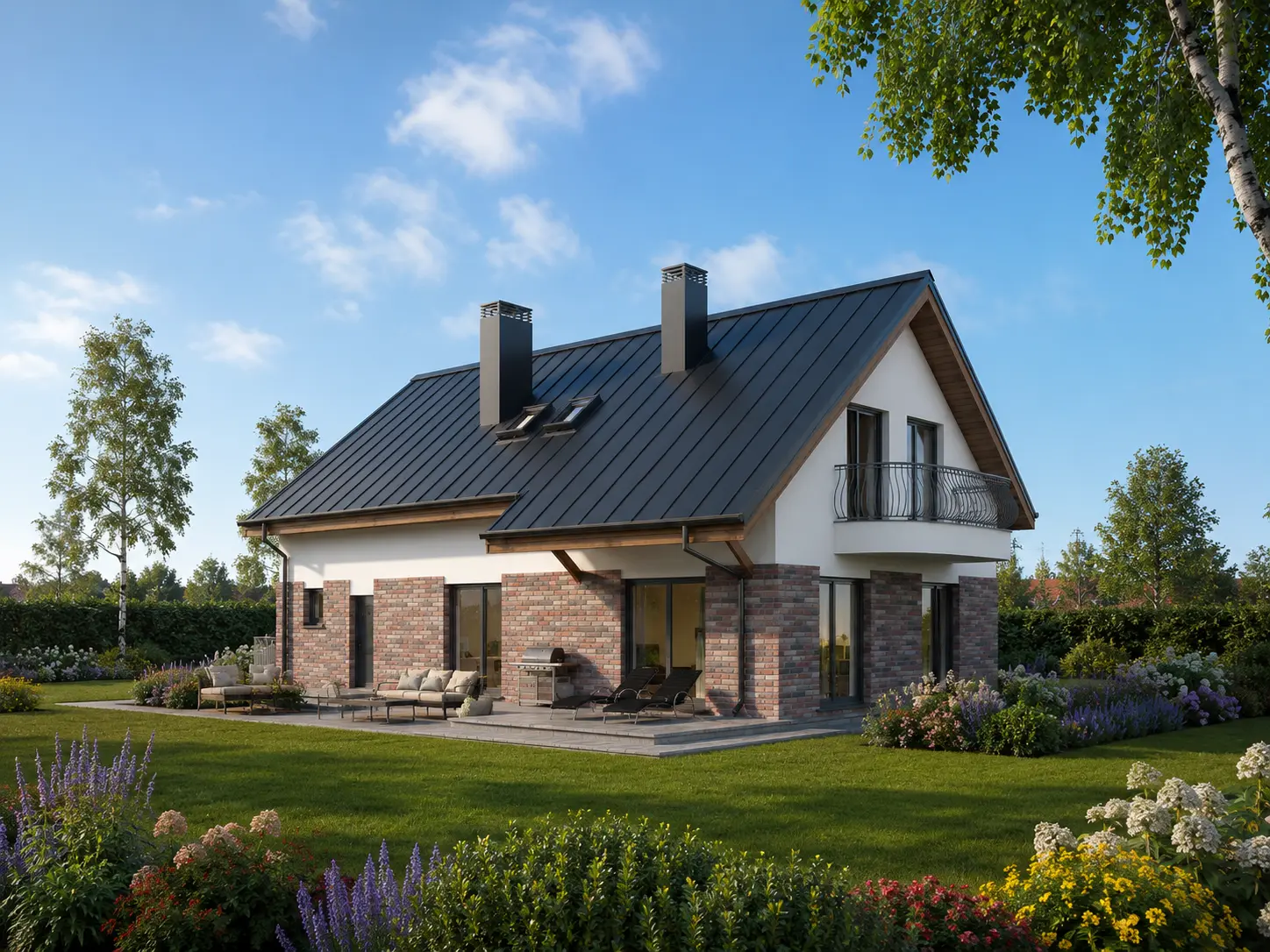 Proiect de casa parter cu mansardă 180 m²: 3 Dormitoare, Birou, 2 Bai, Bucatarie deschisa, Garaj