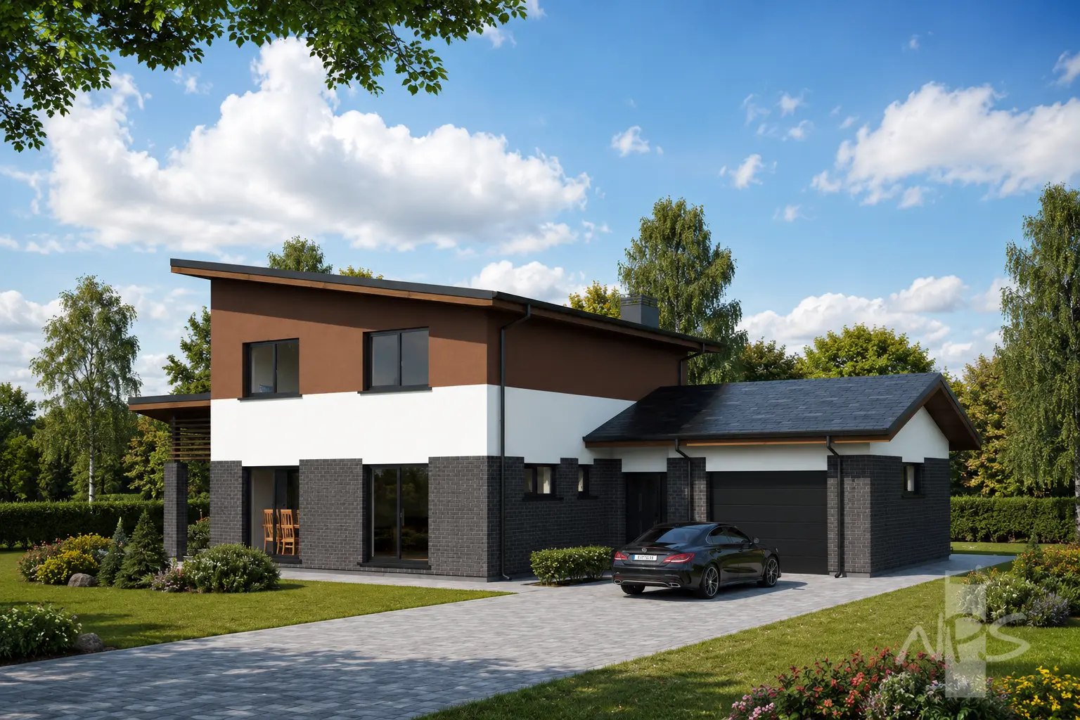 Proiect de casa cu etaj 164 m²: 3 Dormitoare, Birou, 2 Bai, Bucatarie deschisa, Garaj