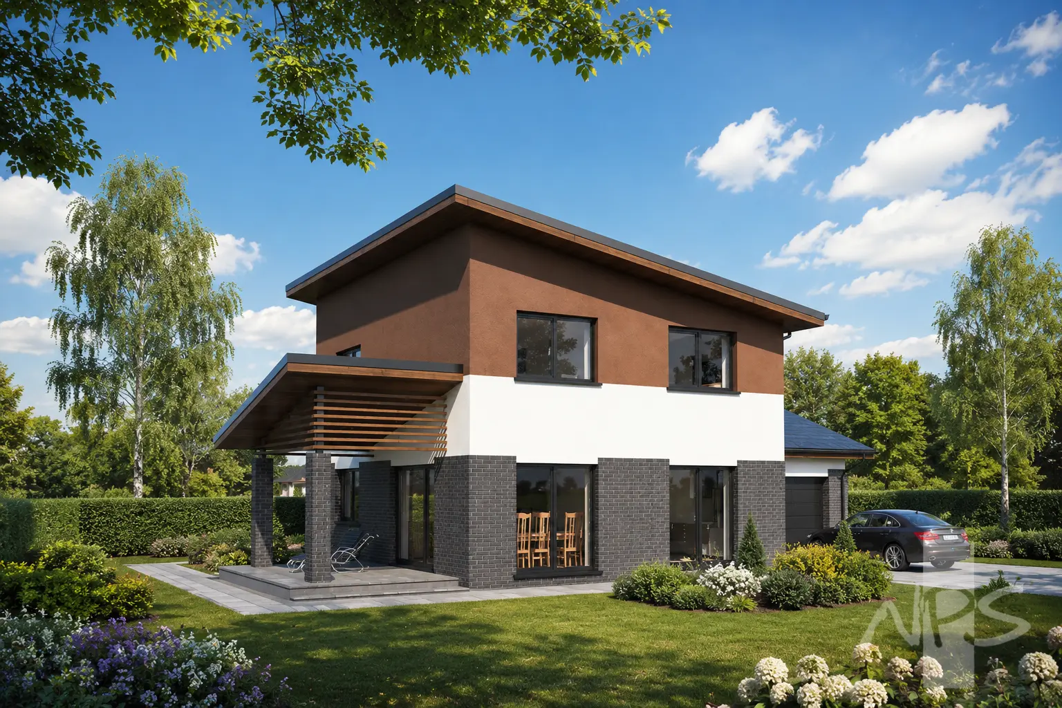 Proiect de casa cu etaj 164 m²: 3 Dormitoare, Birou, 2 Bai, Bucatarie deschisa, Garaj