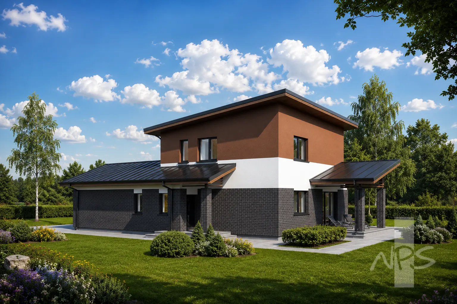 Proiect de casa cu etaj 164 m²: 3 Dormitoare, Birou, 2 Bai, Bucatarie deschisa, Garaj