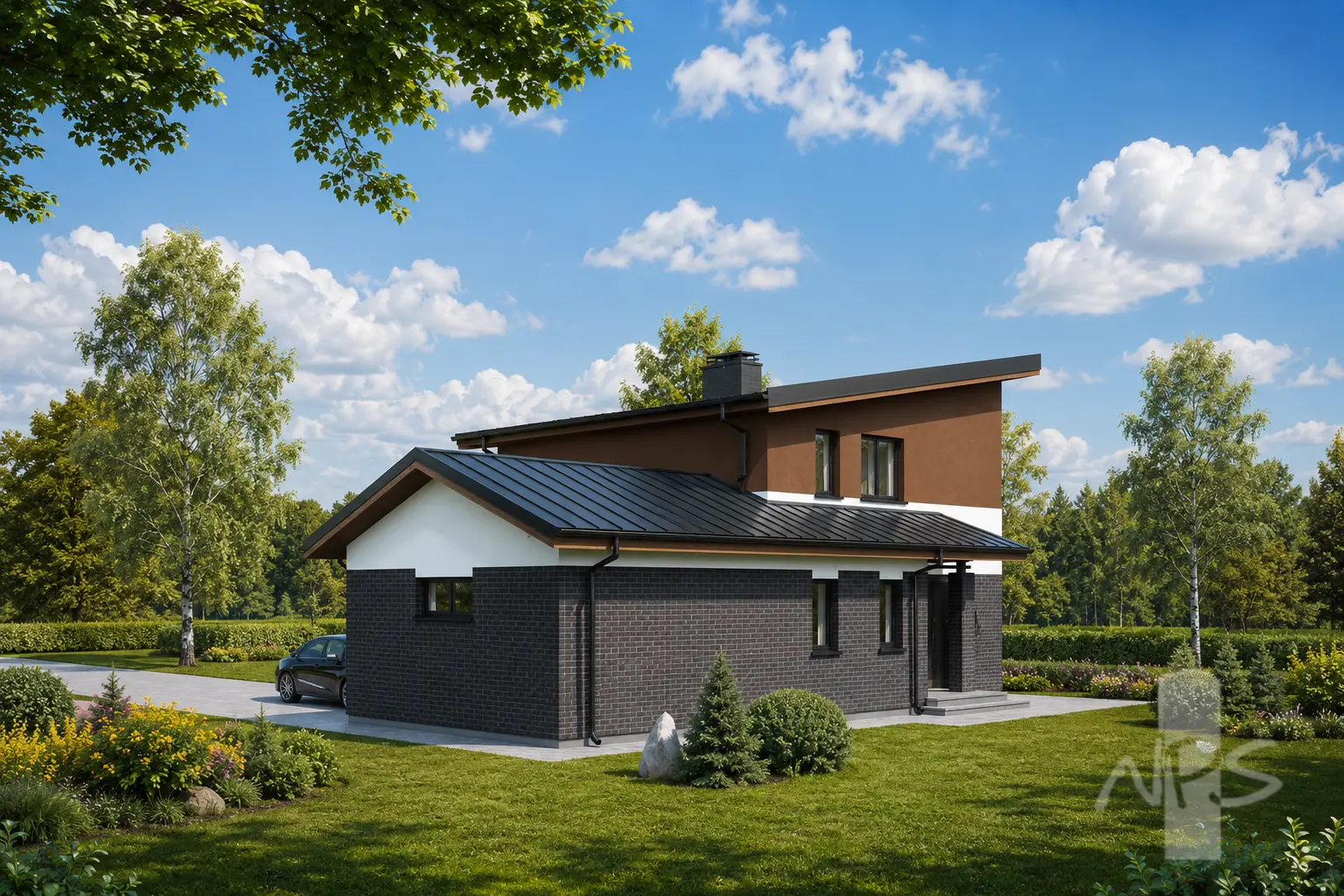 Proiect de casa cu etaj 164 m²: 3 Dormitoare, Birou, 2 Bai, Bucatarie deschisa, Garaj