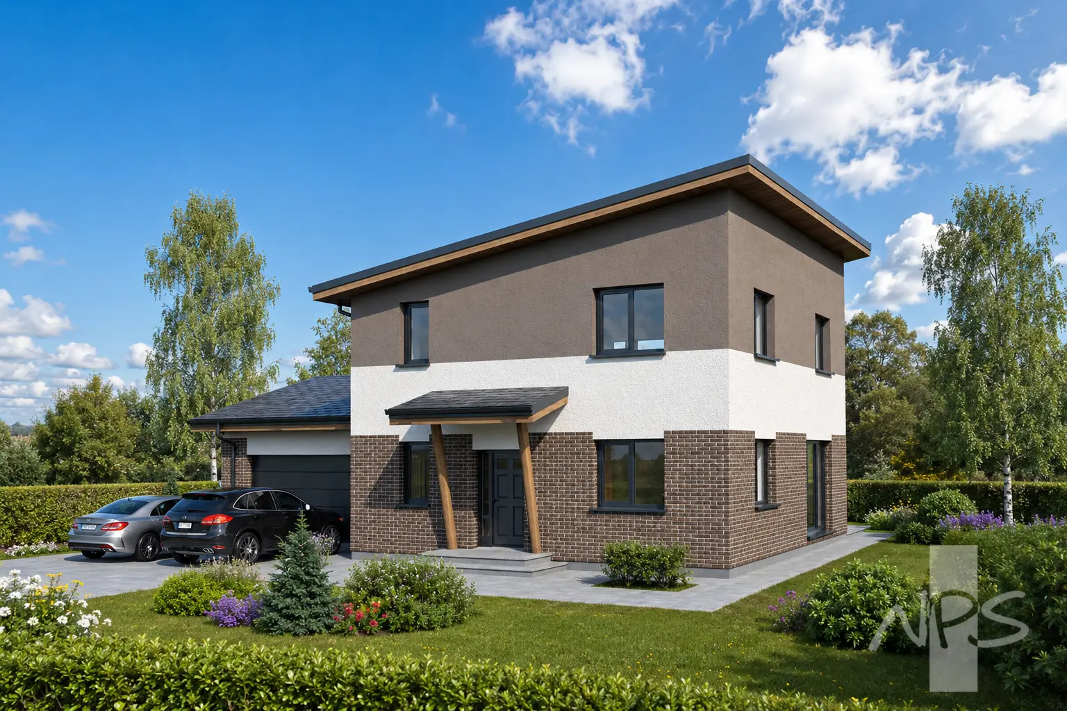 Proiect de casa cu etaj 190 m²: 3 Dormitoare, Birou, 2 Bai, Bucatarie deschisa, Garaj