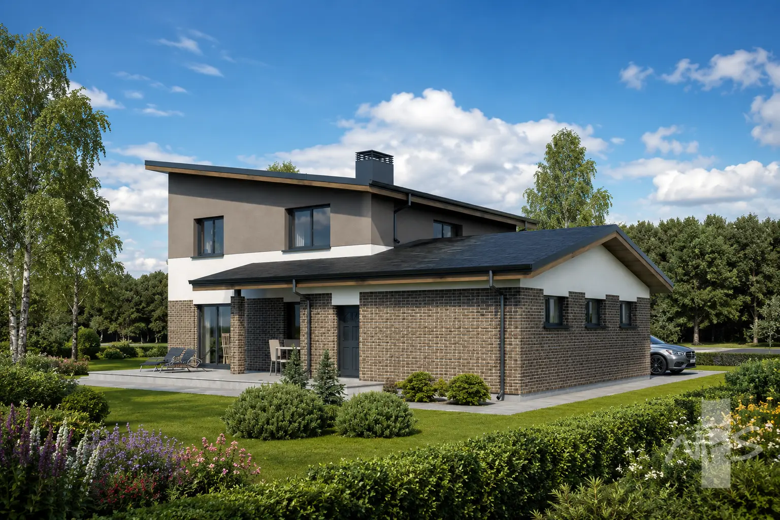 Proiect de casa cu etaj 190 m²: 3 Dormitoare, Birou, 2 Bai, Bucatarie deschisa, Garaj
