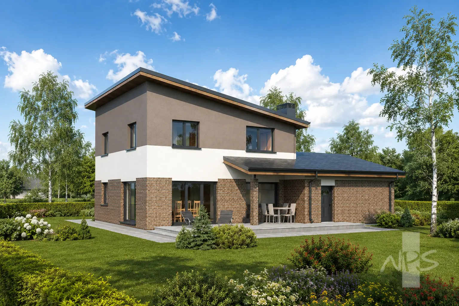 Proiect de casa cu etaj 190 m²: 3 Dormitoare, Birou, 2 Bai, Bucatarie deschisa, Garaj