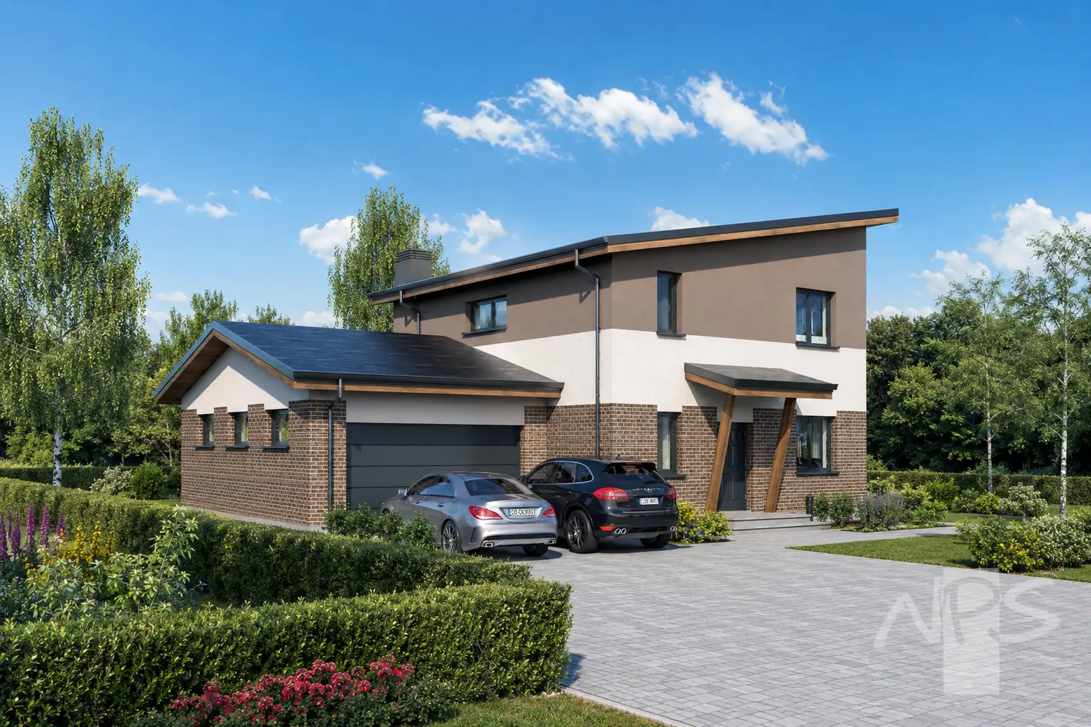 Proiect de casa cu etaj 190 m²: 3 Dormitoare, Birou, 2 Bai, Bucatarie deschisa, Garaj