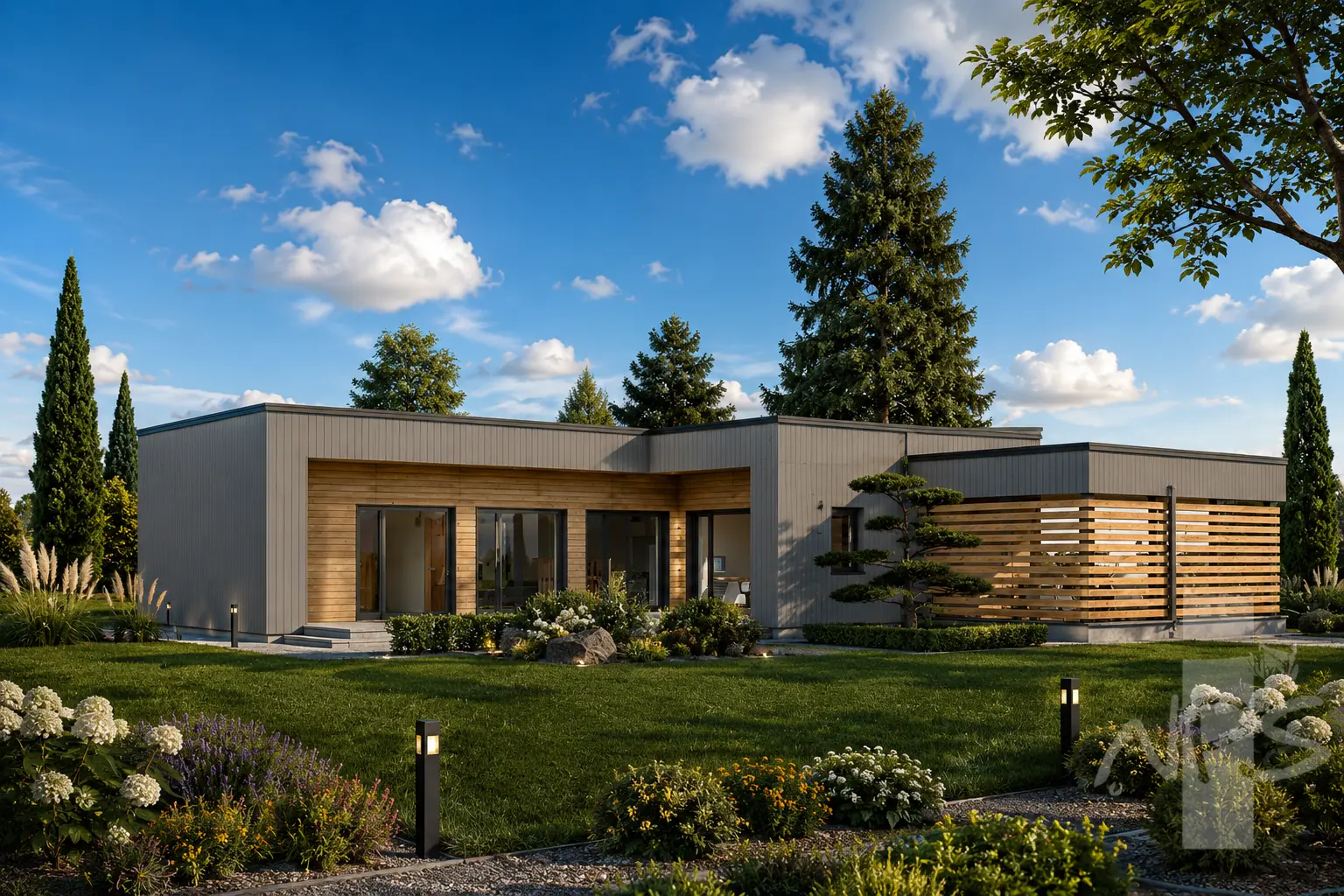 Proiect de casa parter 129 m²: 3 Dormitoare, 2 Bai, Bucatarie deschisa, Garaj
