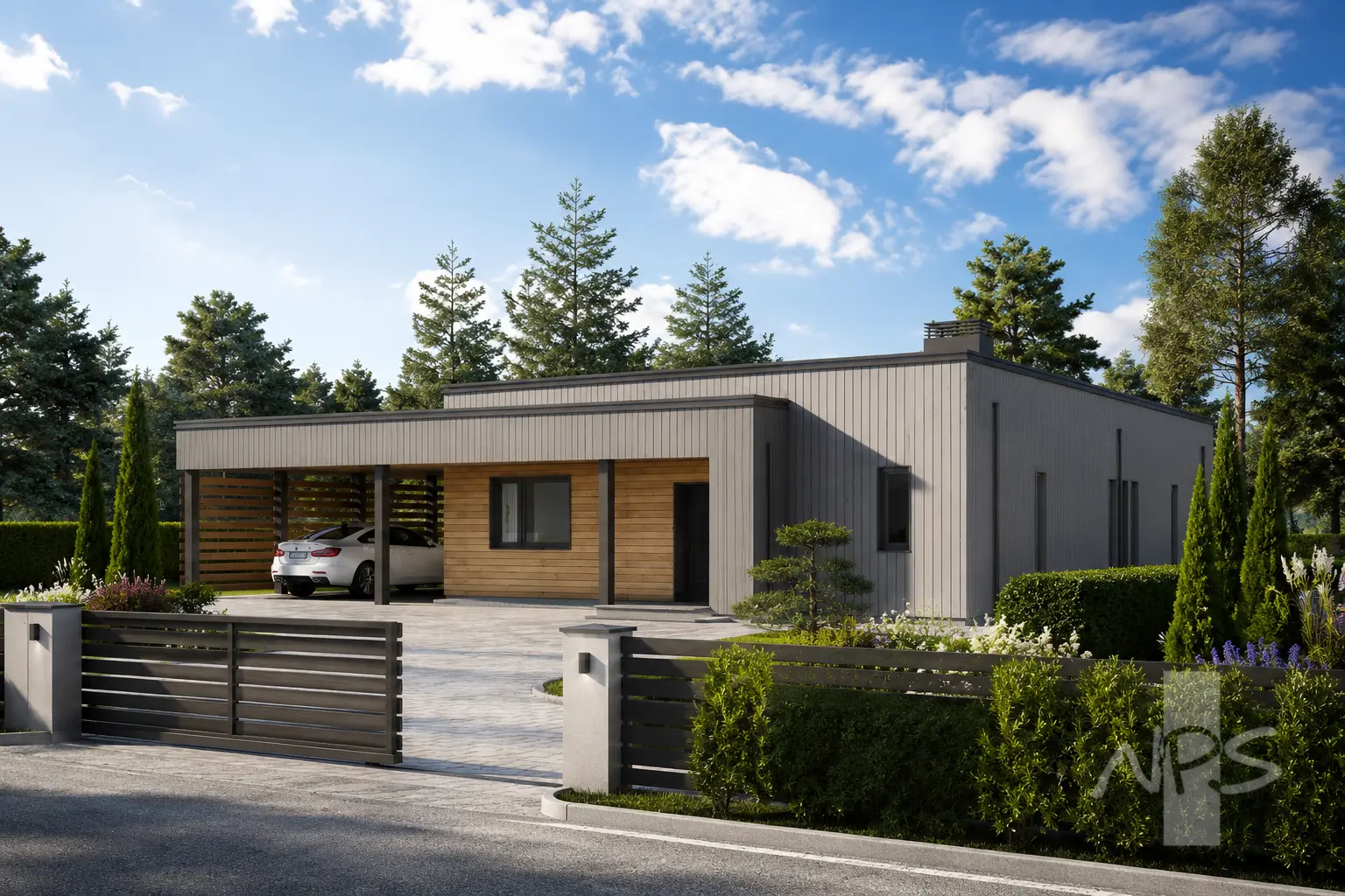 Proiect de casa parter 129 m²: 3 Dormitoare, 2 Bai, Bucatarie deschisa, Garaj