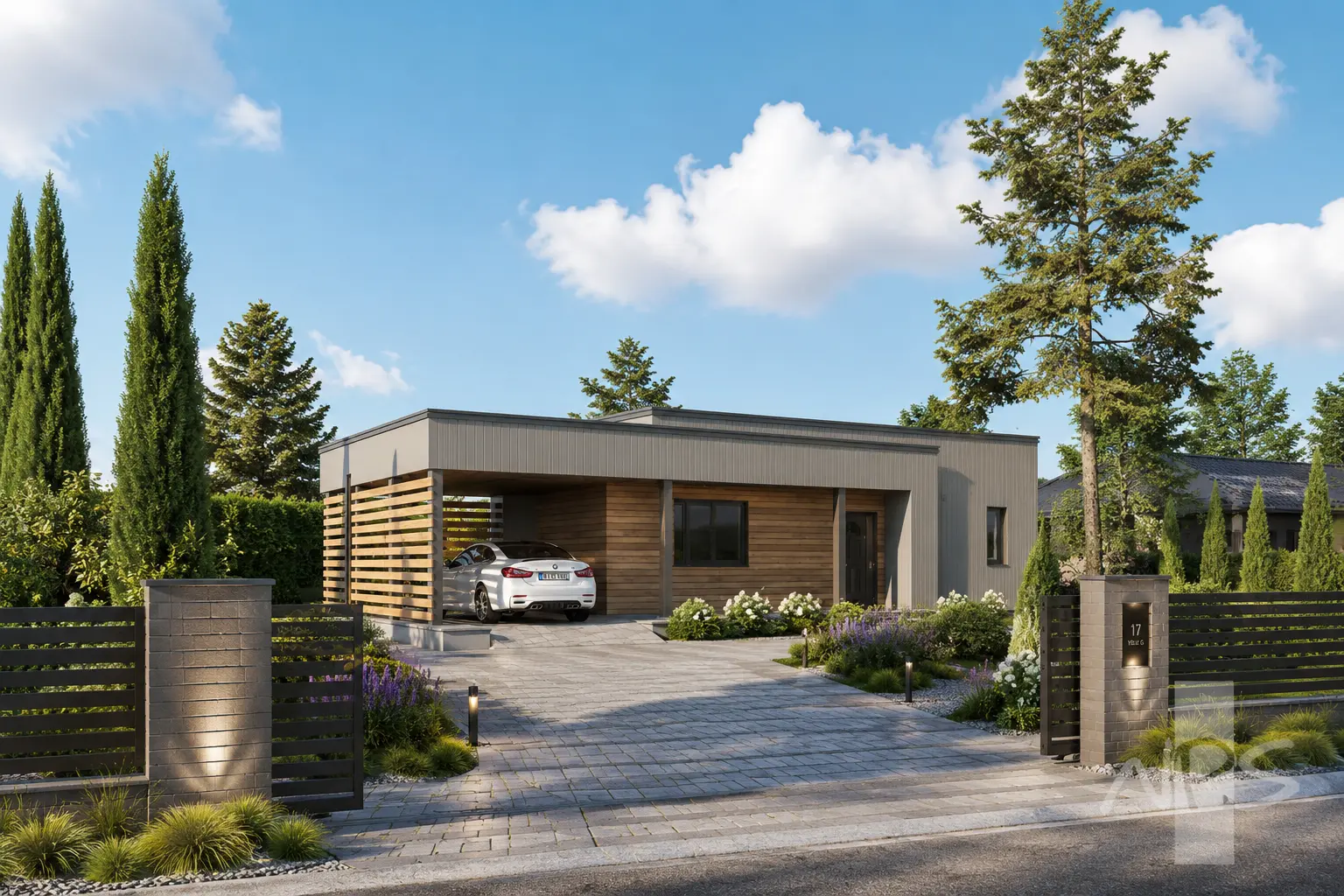Proiect de casa parter 129 m²: 3 Dormitoare, 2 Bai, Bucatarie deschisa, Garaj